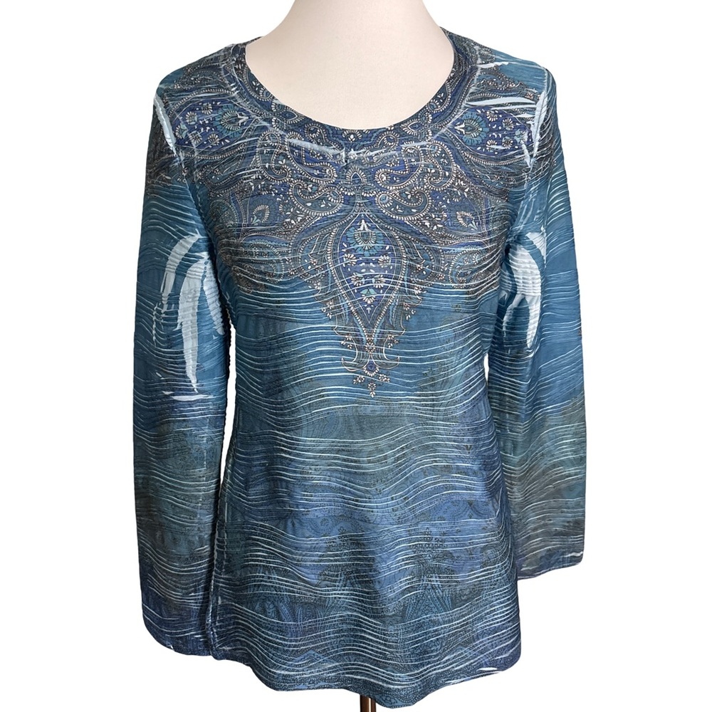 New Directions Embellished Wave Pattern Blouse in Blue